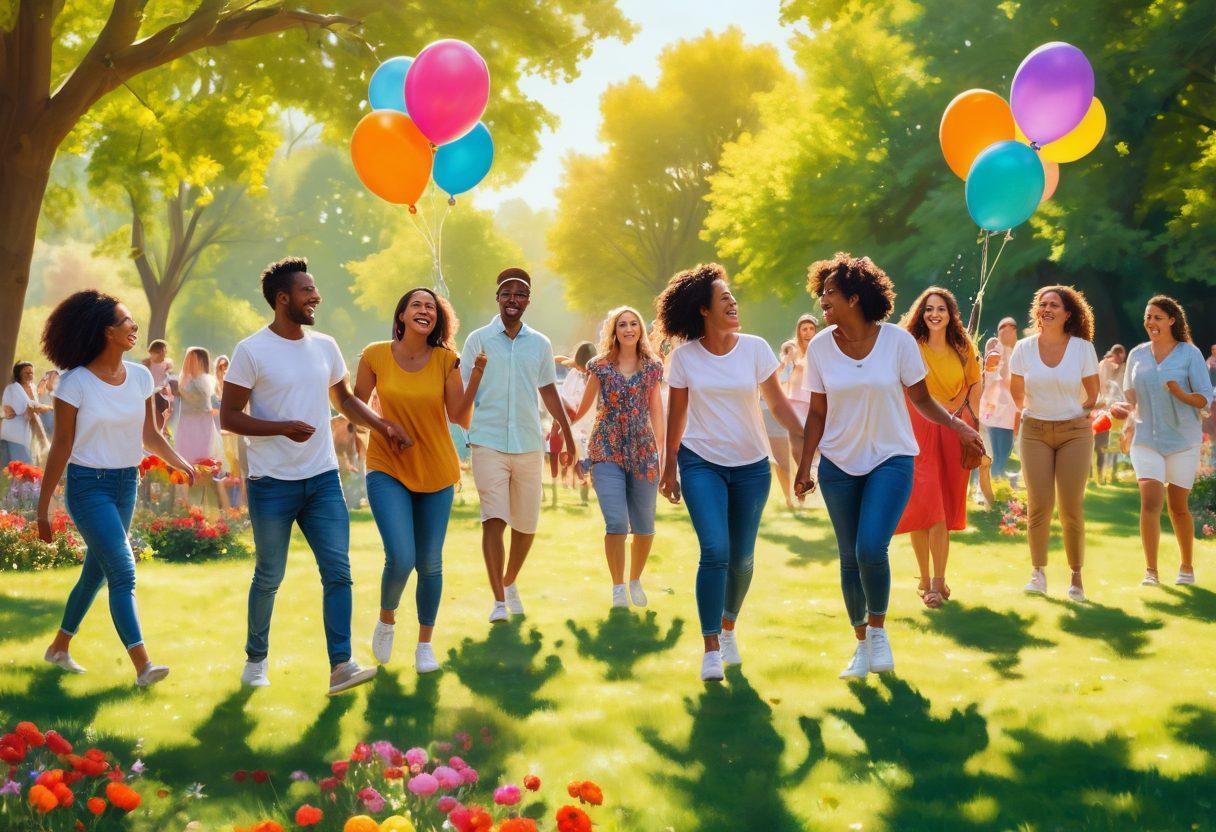 A joyful gathering of diverse people sharing laughter and vibrant activities in a sunlit park, surrounded by colorful flowers and balloons. They are engaged in group activities like painting, dancing, and playing games, radiating a sense of community and happiness. Include warm sunlight casting soft shadows, enhancing the cheerful atmosphere. bright colors. painting.