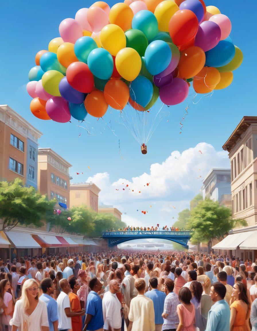 A vibrant community gathering under a bright blue sky, depicting people of diverse backgrounds sharing joyful moments, with balloons, laughter, and colorful decorations. A river or skyway in the background symbolizes floating, while smiles and positive expressions radiate throughout the scene. Bright and cheerful colors to reflect happiness and optimism. super-realistic. vibrant colors. white background.