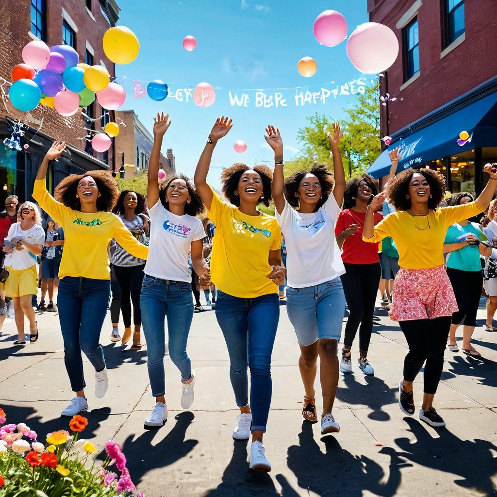 A vibrant, colorful community scene filled with people of diverse backgrounds joyfully engaging in activities like dancing, laughing, and sharing messages of positivity. Bubbles floating in the air symbolize happiness, while blooming flowers and sunshine enhance the cheerful atmosphere. In the background, a large banner reads 'Together We Bubble Up Happiness!' capturing the essence of community spirit. super-realistic. vibrant colors. cheerful.